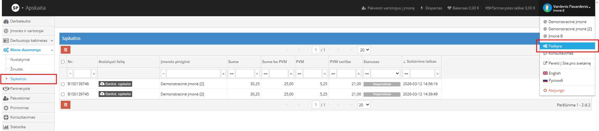 Sąskaitų sąrašo peržiūra paskyroje